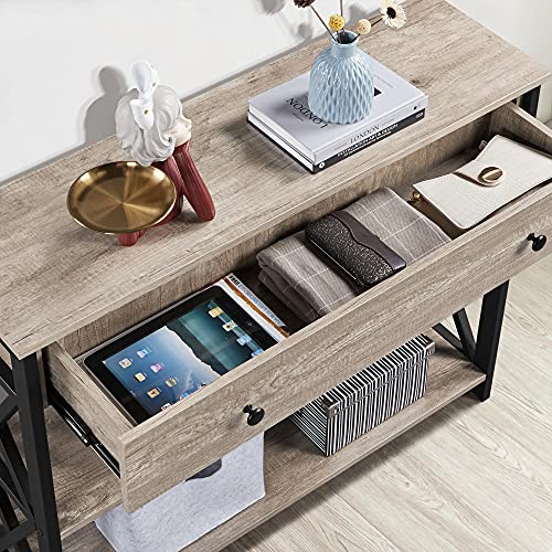 Topeakmart 40 Inch Console Table with 2 Outlets and 2 USB Ports, Extra Long Entryway Table with Drawer and X-Shaped Design, Narrow Sofa Table for Living Room and Hallway Gray - color: Grey, style: with Power Outlet