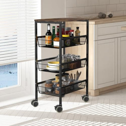Kitchen Cart with Drawers, 4-Tier Rolling Cart with Wood Tabletop, Lockable Wheels Utility Storage Cart, Vegetable Organizer for Kitchen, Serving Cart with Mesh Basket, Industrial Brown
