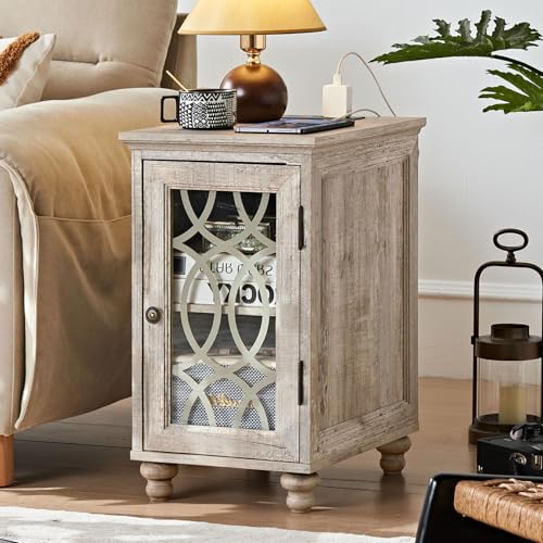 Joaxswe Narrow Side Table with Charging Station, Night Stand with Glass Door, Bedside End Tables with Adjustable Shelf Storage Cabinet,Wood Nightstand for Small Spaces Living Room Bedroom - color: Grey Oak, size: with Charger