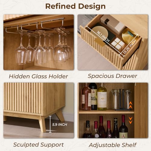OKD 60" Fluted Coffee Bar Cabinet with Mini Fridge Space, Natural Oak | Mini Fridge Compatible, Built In Charging Station, 3 Stemware Racks, 2 Drawers, 2 Cabinets, Home Bar Cabinet Storage - color: Natural Oak