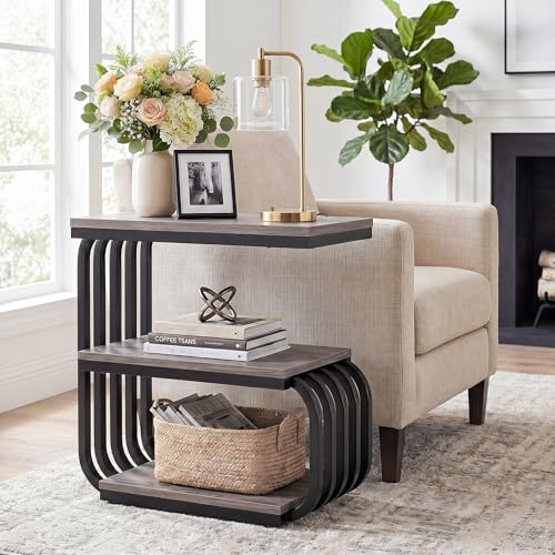 Tribesigns Small Narrow End Table with Storage Shelf, Industrial Side Tables with Curved Metal Frame, 3-Tier Accent Table and Nightstand for Living Room, Bedroom, Small Space (1, Grey) - color: Grey