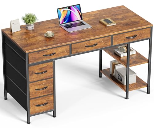 Huuger Computer Desk with 6 Drawers, Office Desk with Shelves, Reversible Gaming Desk, Corner Desk with Storage, Work for Home Office, Study, Living Room, 47inch, Rustic Brown - color: Rustic Brown, size: 47 inch