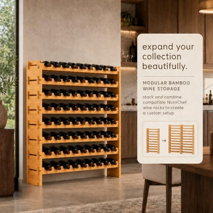 NutriChef 72 Bottle Wine Rack Stackable Bamboo Freestanding, 8-Tier Modular Shelf, Sturdy Wobble Free, Upgraded 2026 Design, Easy No-Tool Assembly for Kitchen, Cellar or Bar Storage 33.5" x 10" x 41" - size: 72 Bottle