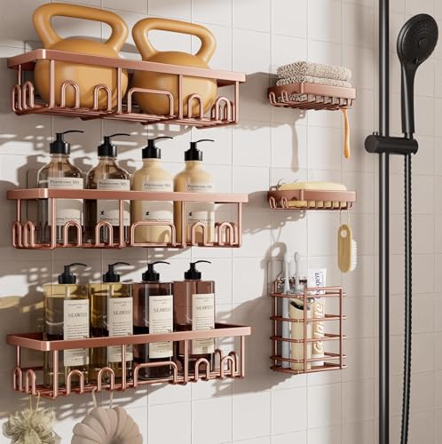Veken Shower Caddy 6-Pack, No Drilling & Rustproof, Waterproof Adhesive Shelves Rack with Soap Holder, Large Capacity Bathroom Organizers and Storage, Wall-Mounted Kitchen & Home Decor, Rose Gold - color: Rose Gold