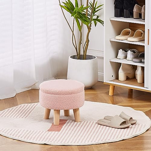 Wimarsbon Storage Ottoman, Modern Round Footrest with Soft Padded Seat, Teddy Velvet Footstool with Wood Legs, Accent Small Table or Plant Stand for Hallway, Living Room (Pink) - color: Pink