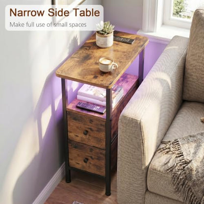 LOAKEKEL Narrow Nightstand with Charging Station, End Tables Living Room | Set of 2, Skinny Side Table with 2 Fabric Drawers, Small Sofa Table with LED Light for Bedroom, Rustic Brown - color: Rustic Brown, style: Power + Light