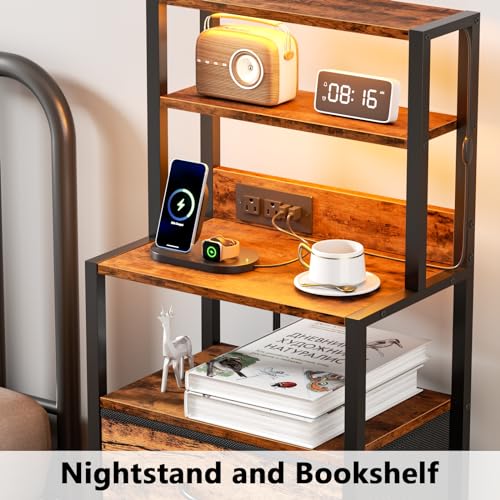 Night Stand with Charging Station, Tall Nightstand, LED Lights | 4-Tier Shelves and 3 Fabric Drawers, Bedside Table for Bedroom, Hallway, Office, Rustic Brown - color: Rustic Brown, size: 3 Drawer