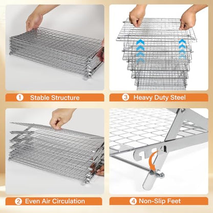 6 Tier Upgraded Collapsible Cooling Rack with Adjustable 3 Setting Design, Stackable Baking Rack with Clean Brush, Roasting Cooking Drying Wire Cooling Rack for Cookies Baking Roasting ＆ Grilling - color: Silver