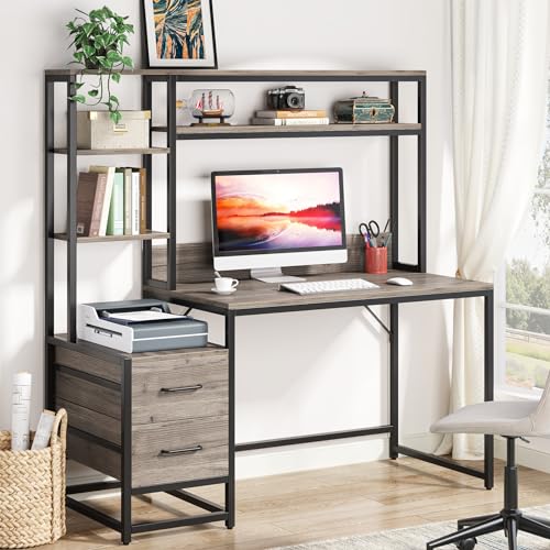 Tribesigns 55 Inch Computer Desk with 2 Drawers and Storage Shelves, Rustic Office Desk with Hutch, Study Writing Gaming Table Laptop Workstation for Home Office (Grey) - color: Grey