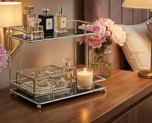 Simmerstone Perfumes Display Shelf, 2 Tier Bathroom Vanity Tray for Comestic, Makeups, Toiletries and Skincare, Multifunctional Cosmetic Storage Rack for Dresser and Countertop