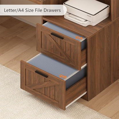TVU Farmhouse L Shaped Desk with Drawers, 62.2" Home Office Desk with Storage Shelves and Power Outlet, L Shaped Computer Desk with Monitor Stand and Printer Shelf, Brown - color: Brown