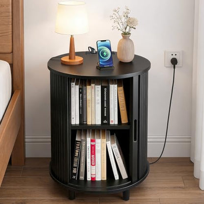 DHH Round End Table with Storage & Charging Station, Fluted Accent Side Table with Sliding Door & Adjustable Shelf, Mid-Century Nightstand for Small Spaces, Living Room, Bedroom (1, Black) - color: Black