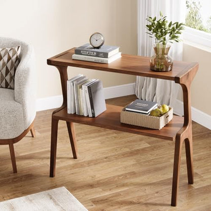 Tribesigns Solid Wood End Table, 2-Tier Farmhouse Side Table with Storage Shelves, Slim Side Table for Couch with Unique Legs, Long Bedside Table for Bedroom, Living Room, Rustic Brown - color: Rustic Brown