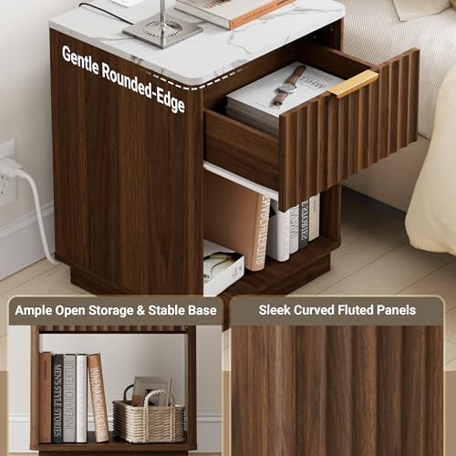 Fluted Nightstand, Night Stand Set 2, 23" Wide Walnut Nightstands Set of 2 with Charging Station & Faux Marble Top, Large Modern End Table with Drawer, Bedside Table for Bedroom Living Room - color: Walnut + Faux Marble Top, size: 1 Drawer（23"W）
