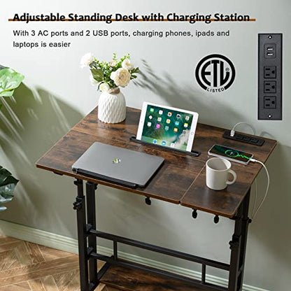 Hadulcet Mobile Standing Desk Adjustable Height, Rolling Desk Stand Up Desk, Mobile Laptop Desk, Rolling Computer Desk with Charging Station, Portable Desk with Wheels, Rustic Brown - color: Rustic Brown, size: 31.5" With Charging Station