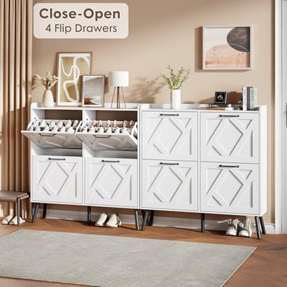 Shoe Cabinet with 4 Flip Drawers, Freestanding Shoe Organizer Cabinet with Metal Legs, Farmhouse Slim Shoe Rack Cabinet for Entryway, Foyer, Hallway, White - color: Pure White