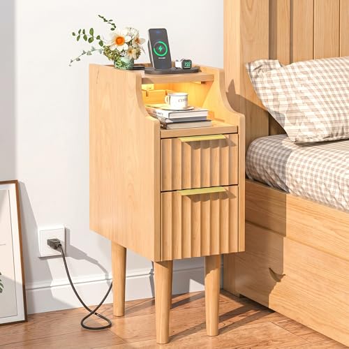 Fluted Narrow Nightstand with Charging Station, Solid Wood Night Stand with 2 Drawers, Natural Mid Century Modern Led Nightstand, Small Beside Table with Open Storage Shelf for Bedroom （10 inch） - color: Natural
