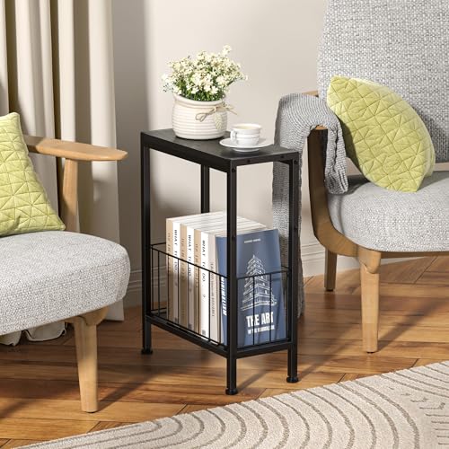 Narrow Side Table, Skinny End Tables with Magazine Holder, Small Sofa Table for Small Spaces, Space-Saving Design, Slim Nightstand Bedside Table for Living Room, Bedroom, Office, Black - color: Black