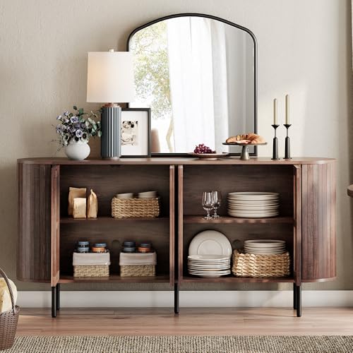 WAMPAT 64.4" Fluted TV Stand, Wood Entertainment Center for TVs Up to 70 inches, Curved Edge Media Console Table with Doors and Shelves for Living Room, Bedroom, Walnut - color: Walnut