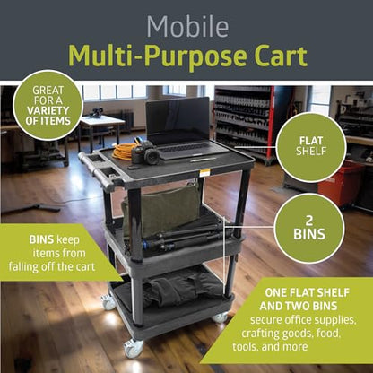 Pearington 3-Shelf Multipurpose Mobile Utility Cart with 2 Bins and Lockable Wheels, Heavy-Duty Plastic Rolling Presentation Cart for Offices and Warehouses, Black - size: 3 Bin Shelves