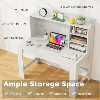 Tangkula 48“ Computer Desk with Hutch, Home Office Writing Study Desk with Storage Shelves, Cable Management Hole, Laptop Desk, Desk for Bedroom, Computer Workstation (White) - color: White