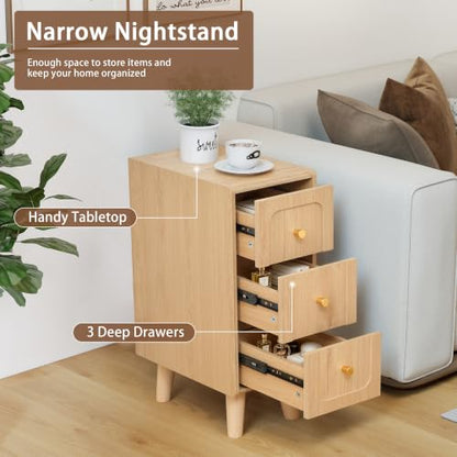 Narrow Nightstands with 3 Drawers, Wooden Farmhouse Bedside Tables, Slim End Tables with Storage, Small Night Stand for Bedroom, Living Room, Small Spaces - color: Natural-3drawers-1pcs