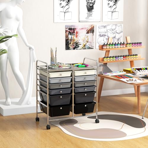 Moccha 12-Drawer Rolling Storage Cart - Utility Cart on Wheels with Lockable Casters for Craft Art Supply Paper Salon, Mobile Drawer Carts for Classroom Teacher School Office (Gradient Grey) - color: Gradient Grey, style: 12 Drawers