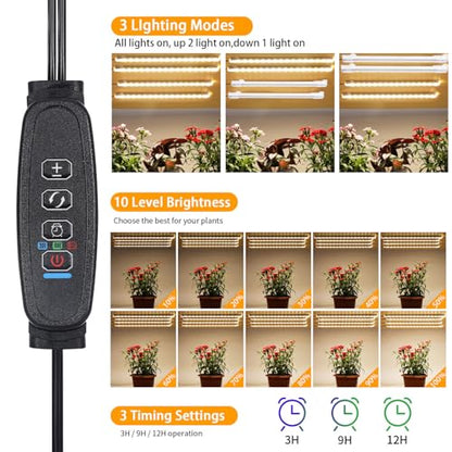 RWNTAO 8.6 Inches LED Plant Growing Light Strips, Full Spectrum 3000K Grow Light for Indoor Plants with 3/9/12H Timer, 10 Dimmable Levels for Seedling Succulent and Plant Shelf (4 Head×2pcs) - size: 8.6Inch 4 Head 2 Pack