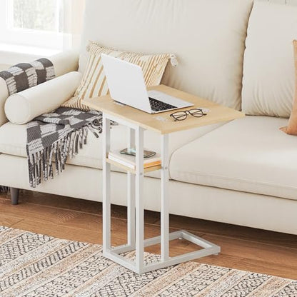 HOOBRO Foldable C Shaped End Table, C Shaped Side Table with Storage Shelf, Small Snack Table, Slide Under Couch Table for Sofa, Living Room Bedroom Small Spaces Easy Assembly, Natural WN29SF01 - color: White + Natural