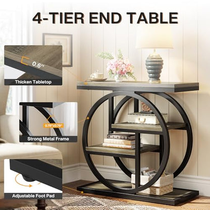 Tribesigns End Table for Living Room, 4-Tier Narrow Side Table with Storage Shelves, Industrial Bedside Table for Bedroom, Wood Small Sofa Side Table with Geometric Metal Frame (1 PC, Grey) - color: Grey