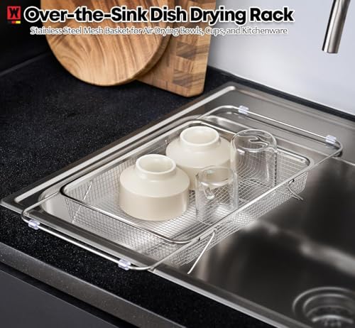 WAGENSTEIGER Extendable Dish Rack with Feet, Vegetable Colander Basket, Stainless Steel Dish or Silverware Drying Rack, Ultimate Kitchen Organizer Over the Sink (14.76 x 10.63 x 3.15 Inches) - size: 14.76 x 10.63 x 3.15 Inches
