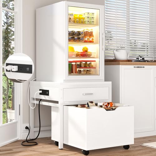 Unikito Mini Fridge Stand with Drawer Storage Sockets, White | Hold 300LBS, Heavy Duty Small Refrigerator Cart, Microwave, Heavy Capacity, for Dorm, Apartment, Office, Bedroom - color: White