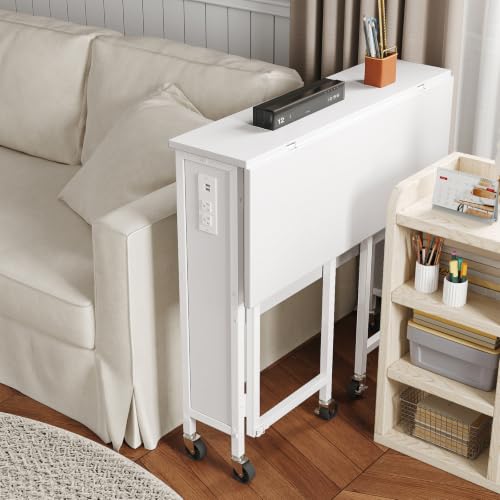 CHOEZON Folding Desk with Power Outlets, 31.5" Rolling Computer Table with Wheels, Portable Office Desk with Storage Shelf for Small Spaces White TDN01UWB - color: White