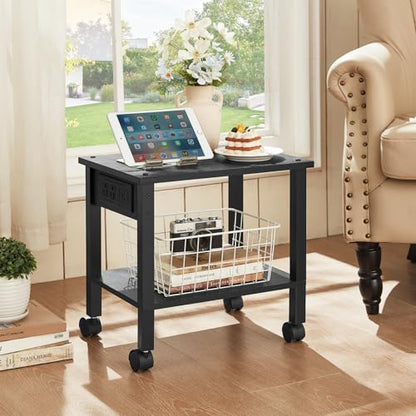 YUFAM 2 Tier Under Desk Printer Stand with Charging Station, Black | Wooden Small Printer Table for Home Office, Rolling Printer Cart Shelf with Lockable Wheels - color: Black, size: 11.8"D×15.7"W×15.3"H(With USB)