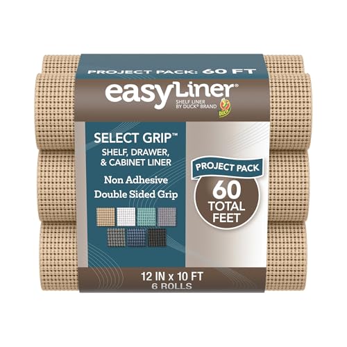 EasyLiner Select Grip Shelf Liner - Easy to Install & Cut to Fit - Non Slip, Non Adhesive, Drawer Shelf & Cabinet Liner for Kitchen, Bathroom, Pantry Cupboards, 12 in x 10 ft (6 Rolls), 60 ft, Beige - color: Taupe, size: 12-Inch x 10 Feet (Pack of 6)