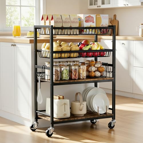 Fruit Vegetable Storage Cart, 4 Detachable Basket | 4-Tier Kitchen Rolling Storage Cart, Fruit & Vegetables Stand, Snack Organizer for Kitchen, Bathroom, Living Room - color: Black, style: 4-Tier