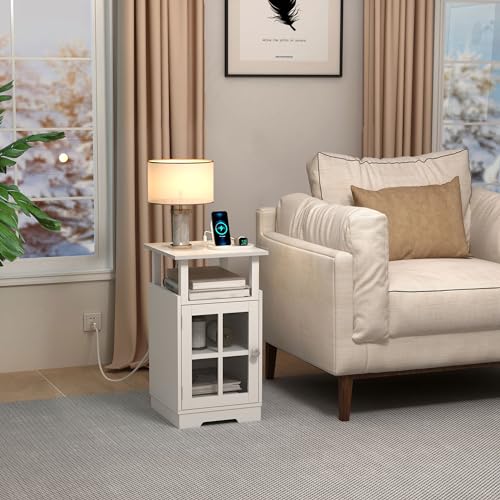 Nightstand with Charging Station,White End Table Modern Side Table with USB Ports and Outlets, Mid-Century Bedside Table with Storage for Bedroom Living Room MLBZ08WE