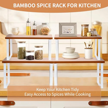 2Pack Expandable Stackable Cabinet Shelf, Metal-Wood, Warm Bamboo - color: Bamboo Color