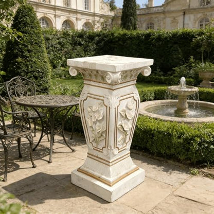 European Style Floral Carved Roman Column Pedestal - Resin Decorative Pillar Stand, Indoor / Outdoor Elegant Display Table for Garden, Courtyard, Statues & Home Ornaments(22.05" H x 9.06" W )