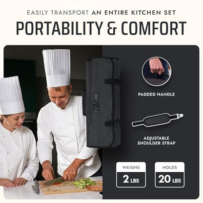 Asaya Waxed Nylon Chef Knife Roll Bag with 20 Slots and Zippered Pockets - Professional Chef Knife Bag & Storage Case, Tool Carrier with Shoulder Strap - Knives Not Included (Black) - color: Black