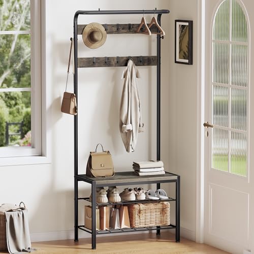 NEWBULIG Coat Rack, Hall Tree with Shoe Bench, 4-in-1 Entryway Organizer with 10 Hooks and Storage Shelf, Rustic Wood Entryway Bench for Mudroom, Living Room, Bedroom, Grey - color: Deep Grey