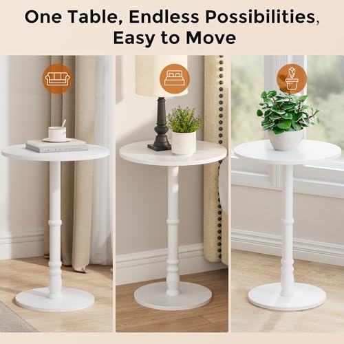 Homleke 16" Round Side Table with Solid Wood Pillar, Large Drink Table | Accent Table for Sofa Side, Wood Top & Base, Easy Assembly, Living Room, Bedroom, Office, White - color: White