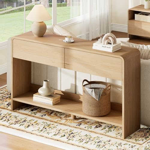 AMERLIFE 55" Modern Entryway Console Table with 2 Storage Drawers | Open Bottom Shelf, Wood Grain Finish, Rounded Edges, Long Sofa Table, Behind Couch, Hallway, Foyer, Living Room, Natural Oak - color: Natural Oak - Flat Panel, size: 55"