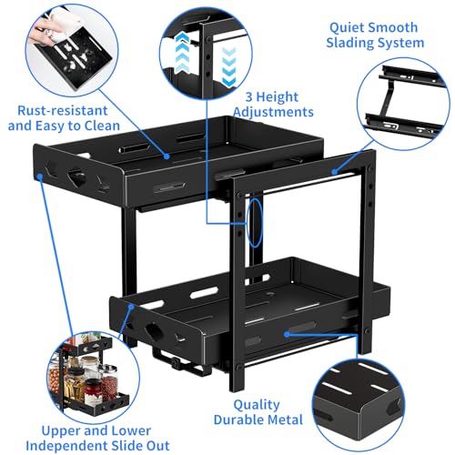 Pull Out Spice Racks for Inside Cabinets, 2 - Tier Cabinet Spice Rack Organizer, Height Adjustable Vertical Spice Rack for Cabinet, Kitchen, Pantry, Cupboard (7.5''Wx10.8''Dx9.2''H, Metal Black) - size: 7.5''Wx10.8''Dx9.2''H,2 Tier