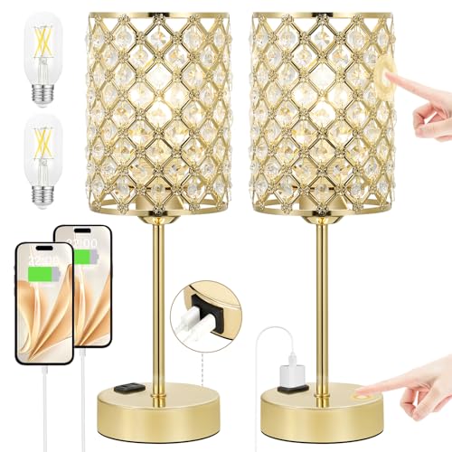 Touch Control Crystal Table Lamp-Dimmable Nightstand Lamp with USB-C+A & AC Charging Ports, 3-Way USB Gold Lamp, Bedside Desk Light for Bedroom Living Room Home Office(Bulb Included & Set of 2) - color: Gold 2, size: 2 Pack