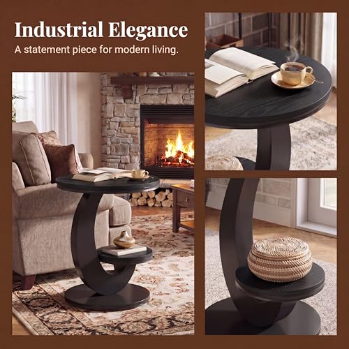 Tribesigns Round End Table with 2-Tier Shelf Storage,C Shaped Wood Side Table for Couch with Metal Frame,Modern Nightstand Accent Table for Living Room,Bedroom,Small Space,Black - color: Black