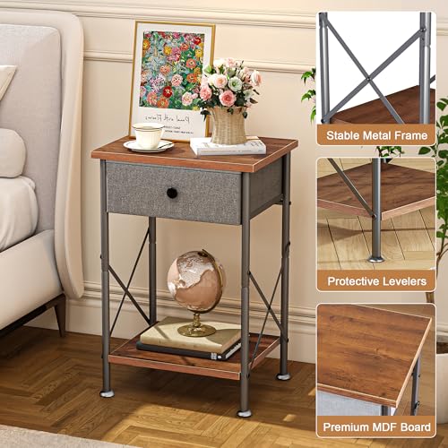 VECELO End Tables, Modern Nightstand with Fabric Drawer & Open Shelf, Night Stand for Bedroom Living Room, Industrial Metal Frame, Easy Assembly, Rustic Brown,2 Pack - color: Rustic Brown, size: 2 PACK