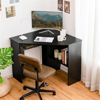Pemberly Row Corner Computer Desk, Black Finish, Compact Triangle Design, Cable Management Holes, Spacious Storage Shelves, Scratch-Resistant Surface, Versatile Home Office or Bedroom Workstation