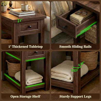 Narrow End Table Set of 2 with Charging Station - Farmhouse Side Tables with Drawers, 14" Wood Nightstands Set of 2 for Bedroom Living Room, Slim Couch Bedside Table Small Spaces, Black Walnut - color: Black Walnut, size: 2 Pack