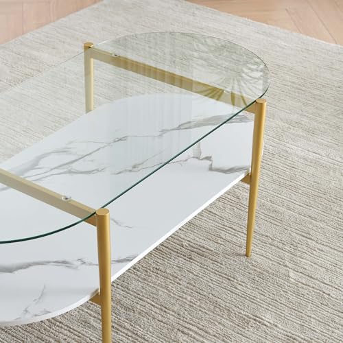 LumFurn Oval Coffee Table, Mid-Century Modern Design, L41 x W21 x H17 inch, for Living Room, Clear Glass Top, White Marble Finish Wood Shelf & Gold Finish Frame - color: Clear & White Marble, size: L41" Oval Coffee Table